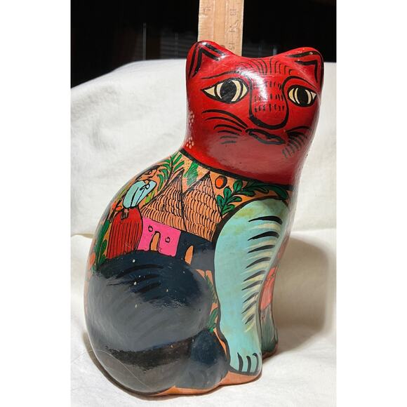 Vintage Mexican Folk Art Colorful Hand Painted Terracotta Cat Ornamental Figure - Picture 8 of 8